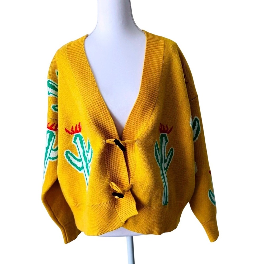 Oversized Cactus Cardigan Yellow Sweater  (Matching Dog Sweater Available) Sz XL